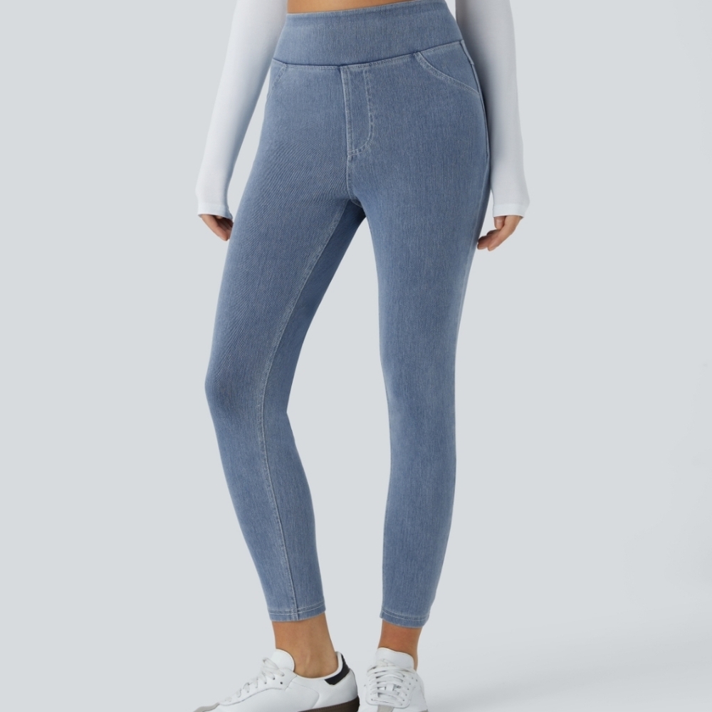Halara NWOT Flex High Waisted Pocket Casual Leggings Ice Crevice Denim Large - Picture 2 of 7